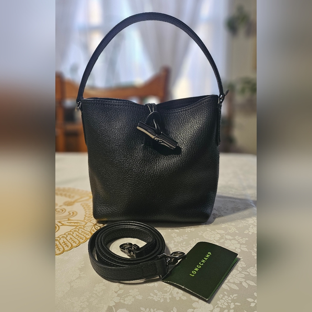 Longchamp Black Leather Crossbody Bucket Bag with Strap